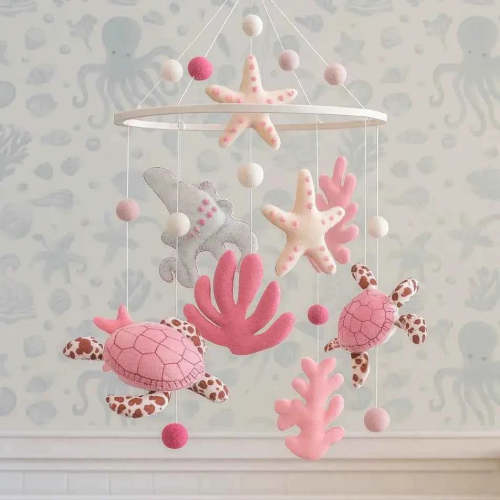 Coastal Baby Mobile for Girl | Handmade Felt Ocean Crib Mobile with Turtles, Starfish & Coral
