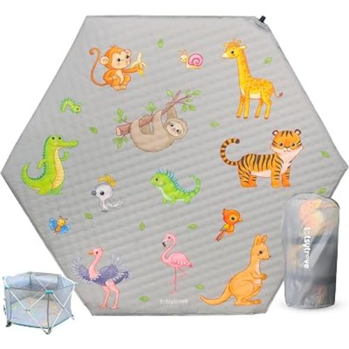 Self Inflating Hexagon Playpen Mat 52" x 45" for Infants and Toddlers - Baby Crawling Mat - Safari