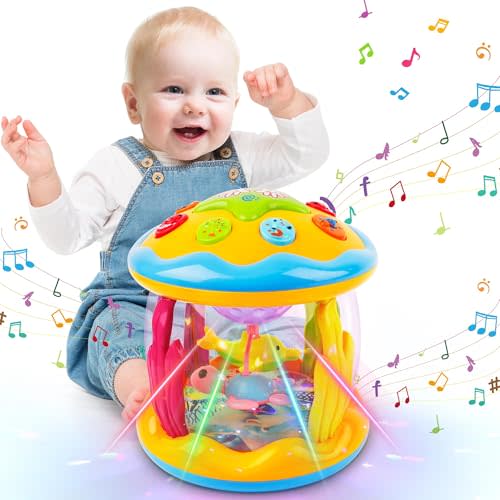 M SANMERSEN Baby Boys Toys 6-12 Months, Babies Ocean Rotating Lights Up Musical Toys for 0-6 12-18 Months Newborn Infant Crawling Tummy Time Toys 1 2 3 Baby Gifts - Blue