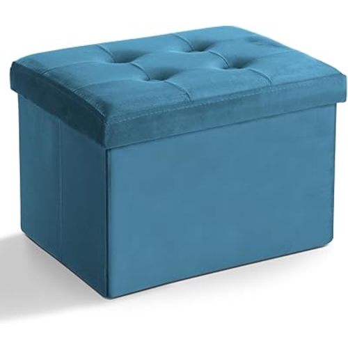 LINMAGCO Storage Ottoman Folding Foot Stool Velvet Foot Rest with Padded Modern Ottoman with Storage for Living Room Puppy Step Stool 17x13x13in(Blue)