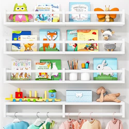 Fixwal Floating Nursery Book Shelves for Wall, 32 Inches, Set of 4, White | Solid wood shelves store kids' books, toys and clothing. Fits kids' room, playroom, nursery, living room, bedroom & bathroom.