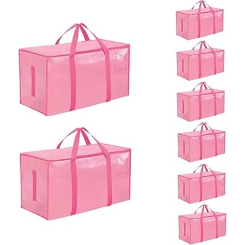 8 Pack-Extra Large Heavy Duty Moving Bags - Waterproof Storage Totes with Handles & Zippers, Foldable for College Dorm, Storage (Pink)