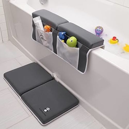 Cuddling Baby Comfortable Bath Kneeler and Elbow Rest Pad, 2 Pc. Set, Knee and Body Protection with Non-Slip Base, Large Toy and Bath Accessory Pocket Storage, Compact Foldable Cushion Design
