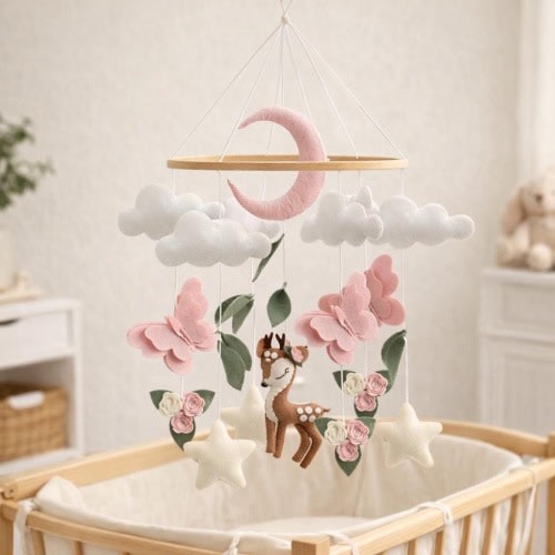 Deer baby mobile for crib, Butterfly Flower Nursery Decor, Babies Shower Gift,  Mobile arm-cribs