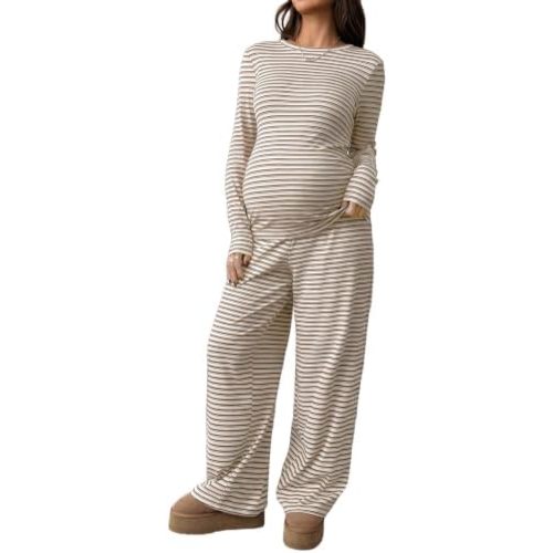 BLENCOT Maternity 2 Piece Outfits Striped Long Sleeve Pregnancy Set