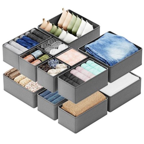 Set of 12 Collapsible Drawer Organizer Bins for Clothes, Closet Organizers and Storage Dividers for Clothing (Black)