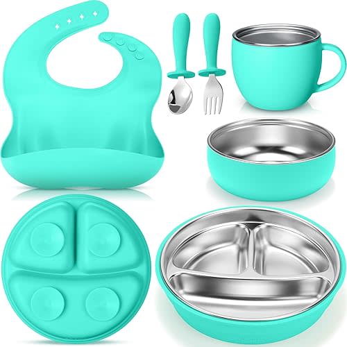 Nuogo 6 Pcs 304 Stainless Steel Kids Plates and Bowls Set Stainless Steel Suction Bowls and Toddler Cup with Removable Silicone, Forks Spoons Pocket Bib for Baby Toddle (Teal,Round)