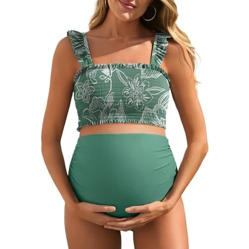Summer Mae Maternity High Waist Bikini Swimsuit Two Piece Ruffled Hem Cute Bathing Suit Floral Pregnancy Swimwear