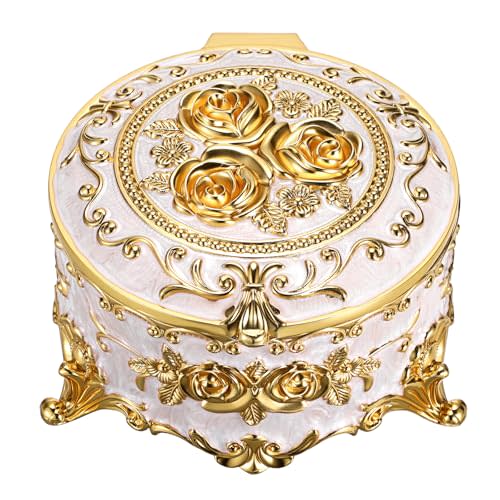Hipiwe Round Jewery Box Metal Trinket Organizer Decorative Keepsake Box for Trrasure Ring Earring Holder Vintage Jewelry Display Case, Beige, 5.7" L x 5.1" W x 3.5" H