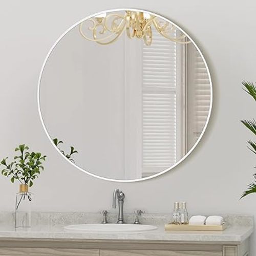 White Round Mirror 30 Inch,Circle Bathroom Vanity Mirror for Wall,Hanging Modern Tempered Glass Mirror for Entryway or Living Room