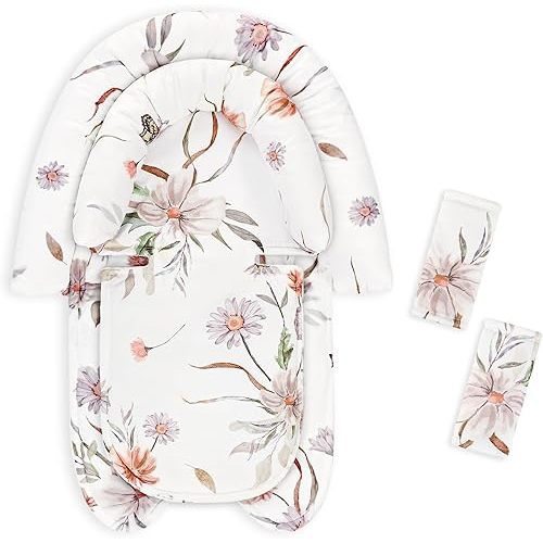 CARUILI Baby Car Seat Head Support & Strap Covers, Upgraded 2-in-1 Infant Car Seat Insert Cushion for Newborn Girls, Perfect for Carseat, Stroller, Swing, Extra Soft, White Flower