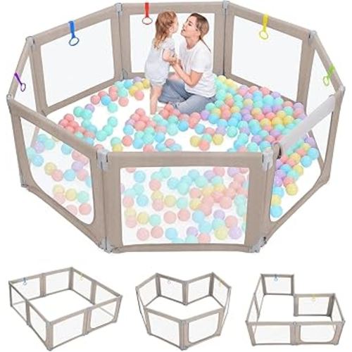 Dripex Foldable Playpen for Babies and Toddlers, 71"×69" Extra Large Baby Playpen, Indoor & Outdoor Safety Gate Collapsible Play Pen, Baby Fence Play Area with Visible Mesh, Khaki