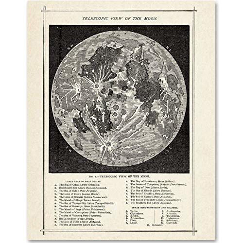 Antique Map of the Moon - 11x14 Unframed Print - Vintage Posters of Lunar Surface Map Print, Moon Poster View, Astronomy Decor, Moon Phases Art, Dark Academia Aesthetic Space Posters