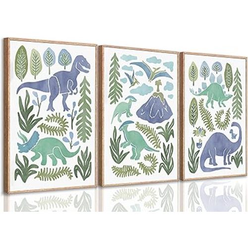 Baby Boys Nursery Wall Art Blue Green Dinosaur Pictures Wall Decor Stegosaurus T-Rex Triceratops Pterodactyl Posters Artwork Watercolor Dino Painting Canvas Prints for Kids Room Toddler Boy Room Decor
