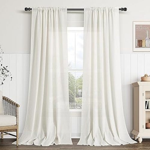 Guken Linen Curtains 90 Inches Long for Living Room Rod Pocket Natural Cream Semi Sheer Curtain 2 Panels Set Boho Farmhouse Light Filtering Window Drapes for Bedroom Dining Room Beige Ivory 52x90