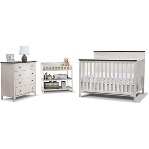 Sorelle Furniture Farmhouse 3-Piece Nursery Set with 4-in-1 Convertible Crib, 4-Drawer Dresser, and Changing Table with Shelves, Baby Furniture Made of Wood, Non-Toxic Finish-Chocolate and White