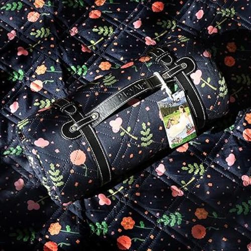 80x80” Double Thickened Picnic Blankets(150g High Density Cotton Stuffed) Navy Blue Floral Pattern Outdoor Picnic Mat Portable Picnic Blanket Foldable with Leather Carry Strap Beach Blanket