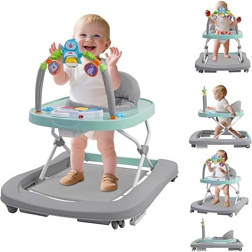 Foldable Baby Walker with Wheels, 3 Height Settings, 4-in-1 Activity Center for 6-18 Months with Tray, Music & Removable Footrest