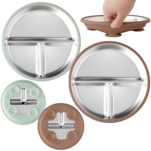 Stainless Steel Baby & Toddler Plate with Suction, Set of 2 Divided Plates with Removable Silicone Sleeves, Non Toxic BPA Free Non-Slip Unbreakable Kids Dishes (Mocha Mousse & Sage Green)