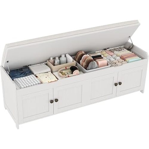HOMEFORT 54.4" Shoe Bench with Lift Top Storage, Entryway Bench with Cushioned Seat, Wooden End of Bed Bench, Shoe Cabinet Bench with Hidden Storage Space, for Bedroom, Hallway,White
