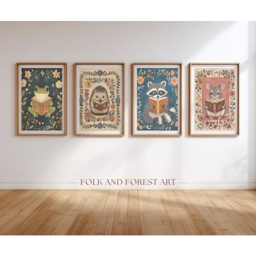 Woodland Animal Reading Print Set | Whimsical Storybook Nursery Wall Art | Digital Download