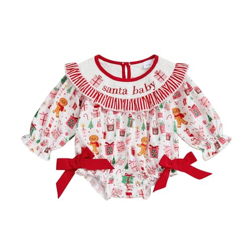 Yojeasrio Newborn Baby Girl Christmas Outfit Santa Baby Embroidery Long Sleeve Ruffle Romper Smocked Neck Romper Bodysuit Bow