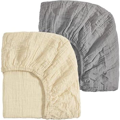 david's kids Muslin Mini Crib Sheets, 2 Pack Cotton Pack N Play Sheets for Boys Girls Neutral, Soft Breathable Baby Sheets Fit Pack N Play, Playard and Mini Crib Mattresses, Beige & Grey