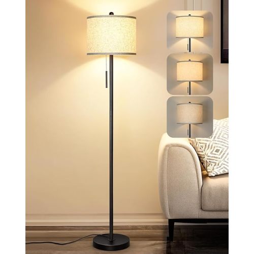 Qingmiao Floor Lamp for Living Room, 63in Black Standing Lamp, 3-Way Dimmable Floor Lamp for Bedroom, Tall Lamp with White Linen Shade for Office