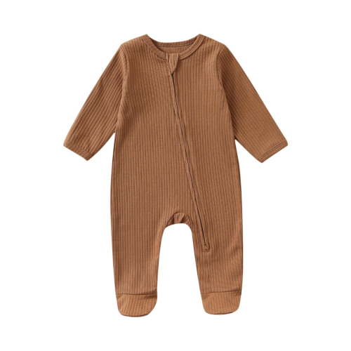 Lopecy-Sta Newnorn Baby Footie Romper with Mitten Cuffs Zipper Solid Color Round Neck Long Sleeved Cotton Pajamas One-Piece Jumpsuit Sleeper Infant Clothes