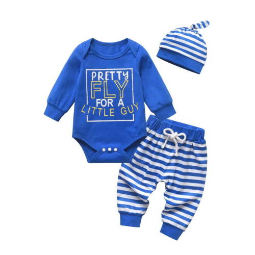 Infant Baby Boy Clothes Long Sleeve Letter Romper Stripes Long Pants with Hat Outfits Set Blue 0-3 Months