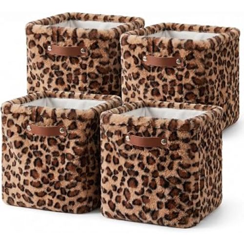 FoldTier 4 Pcs Foldable Leopard Storage Cubes 11 Inch Leopard Cheetah Print Faux Fur Bins for Shelves Collapsible Washable Closet Storage Baskets Boxes with Handles for Organizing