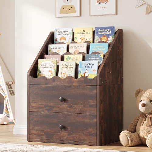 NACHES Rustic 4 Tier Scalloped Kids Bookshelf with 2 Storage Drawers, Front Facing Montessori Book Rack Toy Organizer for Toddler Nursery Playroom Bedroom