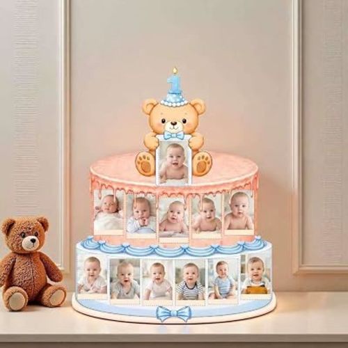 Cake Shaped My First Year Photo Display Wood Board, Baby’s 12 Months Milestone Picture Frame, Birthday Keepsake Ornament, Nursery Decor Gift for Baby Boys & Girls