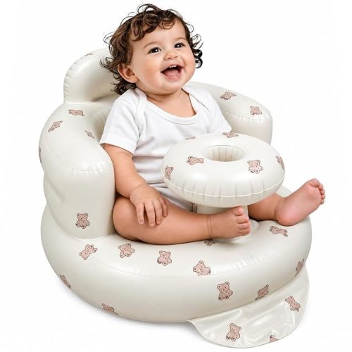 Inflatable Baby Seat for Babies 3-36 Months, Baby Chair with Fence & Built in Air Pump, Blow Up Floor Baby Seat with Back Support, Inflatable Baby Chair Sit Me Up for Home Bear-Tray