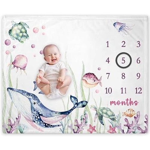 Under The Sea Baby Milestone Blanket for Girl, Ocean Baby Monthly Blanket