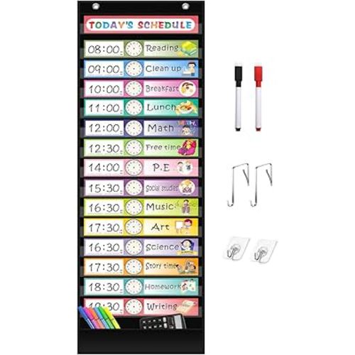 REGELETO 15+1 Pockets Daily Schedule Pocket Chart with 30 Pcs Double-Sided Reusable Cards, Scheduling Pocket Chart for Classroom Office Home School Activity(Black)