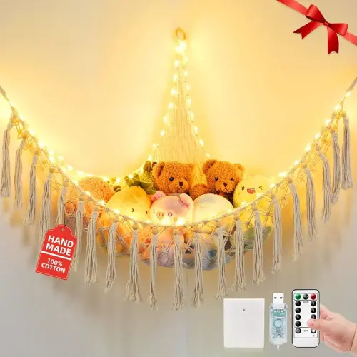 Stuffed Animal Hammock with 75LEDs, Extra Large 55in Toy Storage Macrame Hammock, Hanging Toy Net for Kids Bedroom Doll Room Corner Organizer, USB Plush Toy Hammock with Remote(XL)