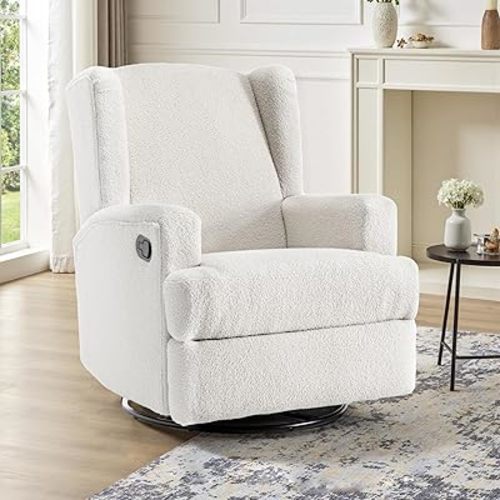 UIXE Swivel Glider Recliner Chair for Adults, Boucle High Back Accent Chair Nursery Rocker for Living Room, Upholstered Manual Reclining Sofa Seating with Deep Seat - Beige