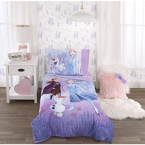 Disney Frozen 2 Lavender, Light Blue and Purple Forest Spirit 4 Piece Toddler Bed Set - Comforter, Fitted Bottom Sheet, Flat Top Sheet, Reversible Pillowcase