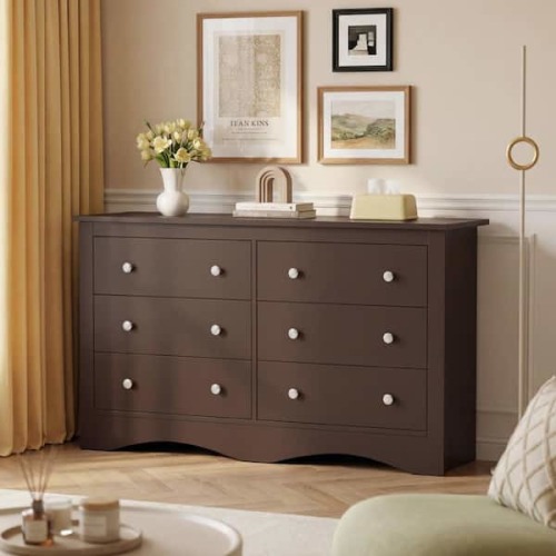 Creaser 51.9 in. Brown MDF Dresser for Bedroom, Wide Chest of Drawers with 6-Wood Dresser Drawers