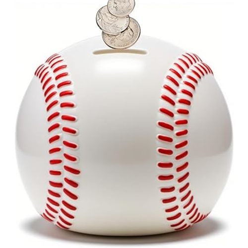 6.3" Baseball Piggy Bank, Shatterproof Baseball Shape Coin Bank, White Sports Themed Money Box for Saving Money, Money Storage Container for Boys Girls Adults, Bedroom Decor
