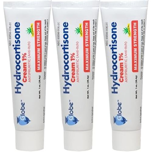 (3 Pack) Globe Hydrocortisone Maximum Strength Cream 1% w/Aloe, Anti-Itch Cream for Redness, Swelling, Itching, Rash, Bug/Mosquito Bites, Eczema, Hemorrhoids & More