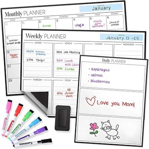 Cinch! Magnetic Calendar Bundle of 3 - Monthly, Weekly, Daily Planning Dry Erase Boards for Fridge - Magnetic Fridge Calendar Whiteboard Set with 6 Fine Tip Markers, Large Eraser, and Magnets