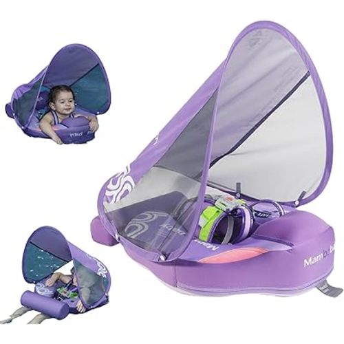 Mambobaby Float Baby Float with Canopy & Tail Non-Inflatable Infant Pool Floats Adjustable Safety Strap Toddler Swim Trainer (Purple)