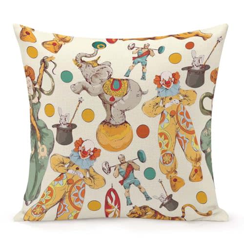 Throw Pillow Cover 18x18 Inch,Circus Vintage Elephant Clown Throw Pillow Case,Home Decor Cushion Covers for Sofa Living Room Couch Bed