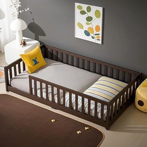 Twin Size Floor Bed with Safety Guardrails for Kids,Wood Montessori Floor Bed for Toddlers, Without Door, No Box Spring Needed, Espresso