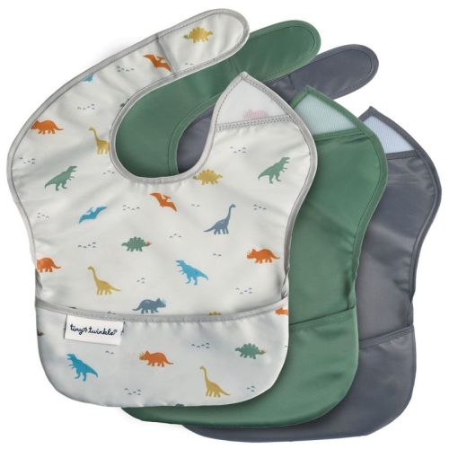 Tiny Twinkle Mess-Proof and Waterproof Baby Food Bib for Boys or Girls, Machine Washable and BPA-Free w/Adjustable Closure (3-Pack, Dinosaur Set)