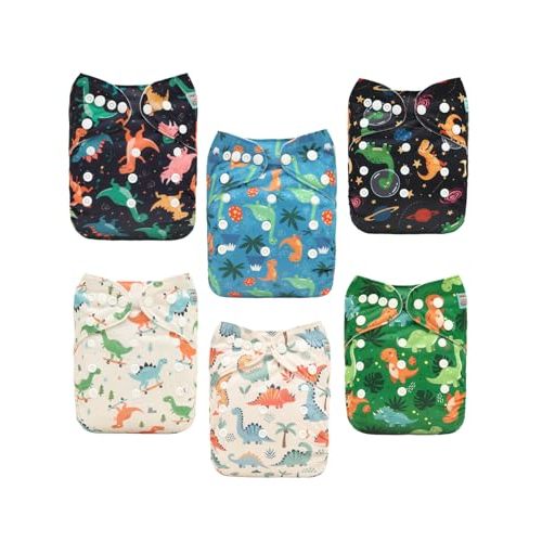 ALVA 6 Pack Cloth Diaper with 12 Inserts One Size Adjustable Washable Reusable Diaper Cover for Baby Girls and Boys 6DM140