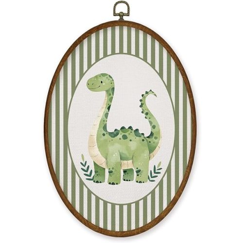 WULQYING Vintage Dinosaur Nursery Wall Art Decor, Boys Room Oval Framed Canvas Art Prints, Green Striped Brontosaurus Dino Wall Hanging Decor for Kids Boys Room Bedroom Playroom, 8.6x11.4 Inches