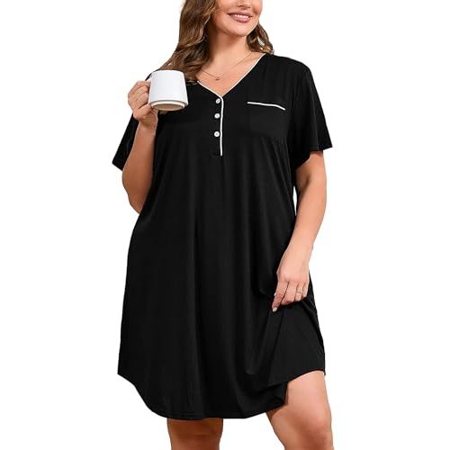 AusLook Plus Size Nightgown for Women Midi Sleep Dress Short Sleeve V Neck Loose Lounge House Soft Casual Night Dress 1X-5X